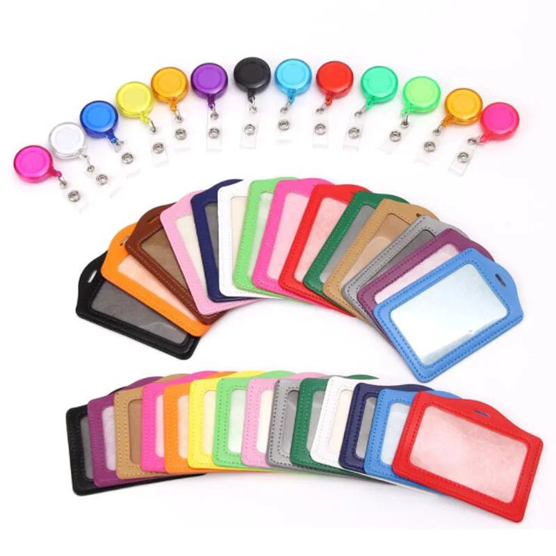 Storazone Women Men Student Retractable Badge Reel ID Card Holder Cover Case Nurse Badge Lanyards Fashion PU Leather Card Holders Set