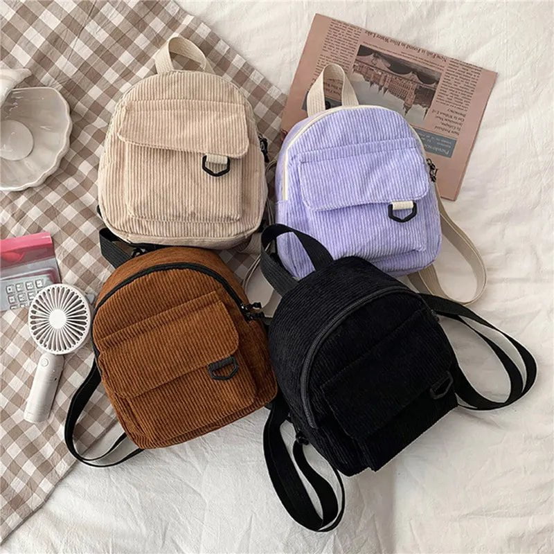 Storazone Women's Mini Backpack Fashion Solid Color Corduroy Small Simple Casual Traveling Large Capacity Durable Female's Schoolbag