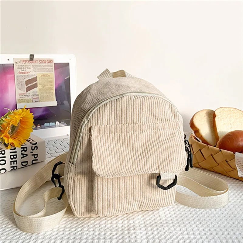 Storazone Women's Mini Backpack Fashion Solid Color Corduroy Small Simple Casual Traveling Large Capacity Durable Female's Schoolbag