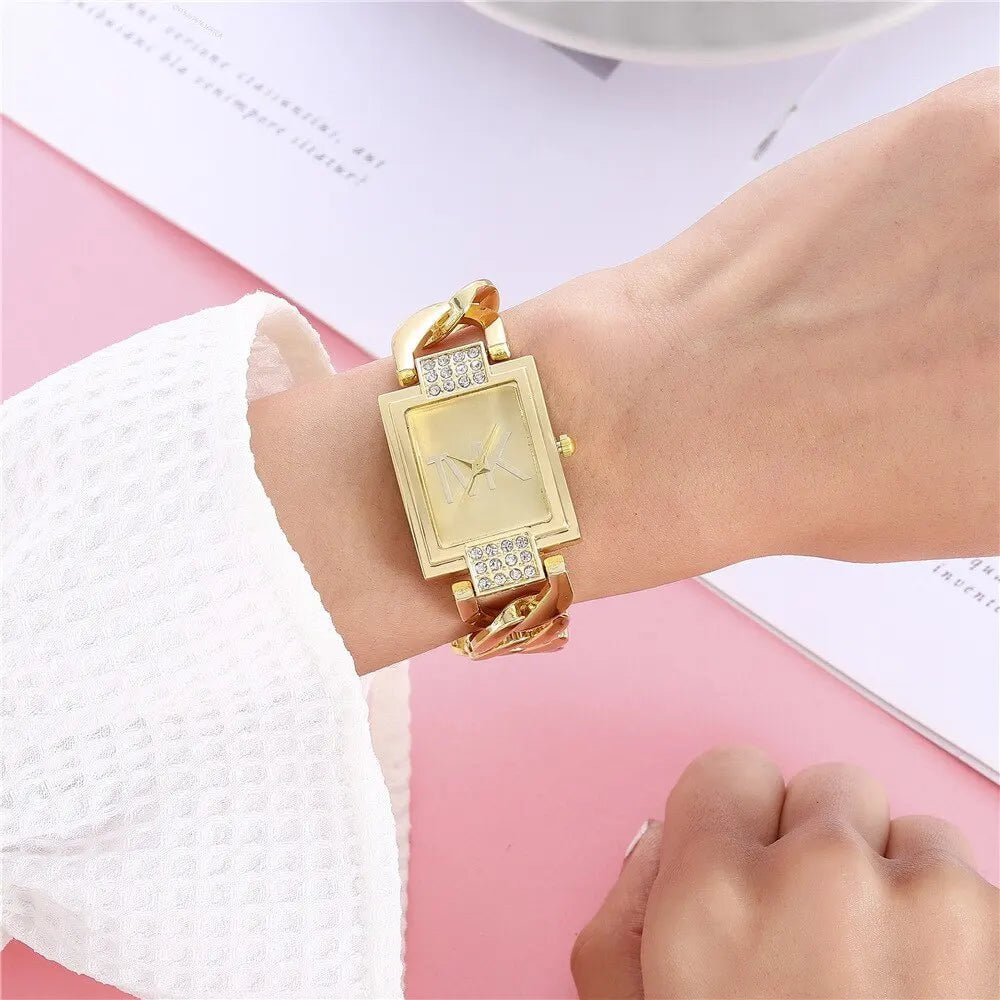 Storazone Women Square Quartz Watch Diamond Setting Gold Black Fashion Casual Stainless Steel Ladies Watch