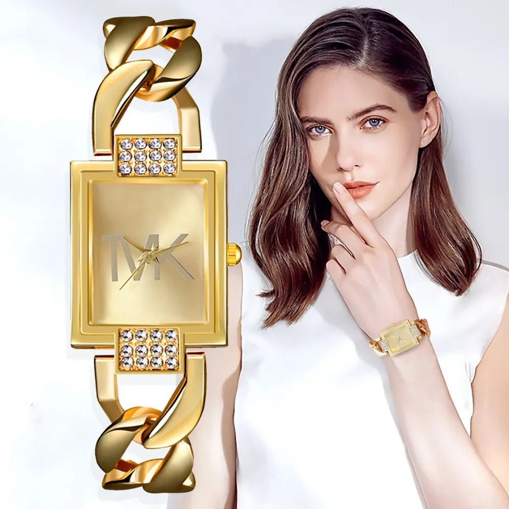 Storazone Women Square Quartz Watch Diamond Setting Gold Black Fashion Casual Stainless Steel Ladies Watch