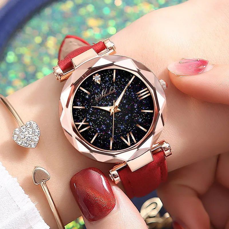 Storazone Women Watch Rhinestone Romantic Starry Sky WristWatch Fashion Ladies Leather Watch Clock for Women Relogio Feminino Montre Femme