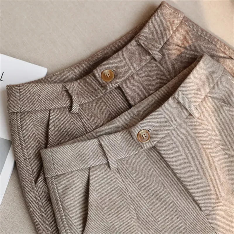 Storazone Woolen Pants Women's Harem Pencil Pants 2022 Autumn Winter High Waisted Casual Suit Pants Office Lady Women Trousers