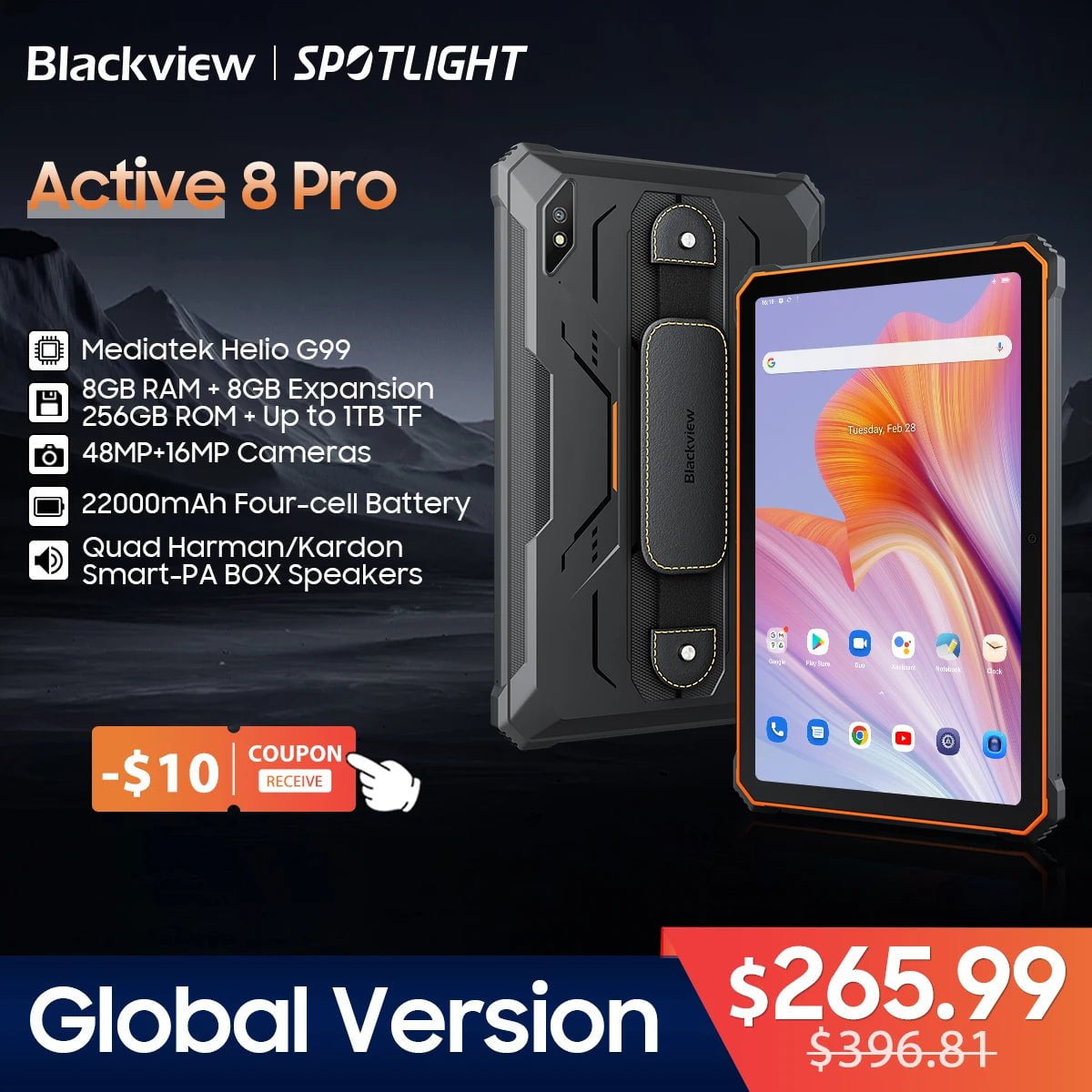 Storazone [World Premeire] Blackview Active 8 Pro Rugged Tablets Android 13 10.36" 2.4K Display Helio G99 16GB 256GB Tablet PC 22000mAh