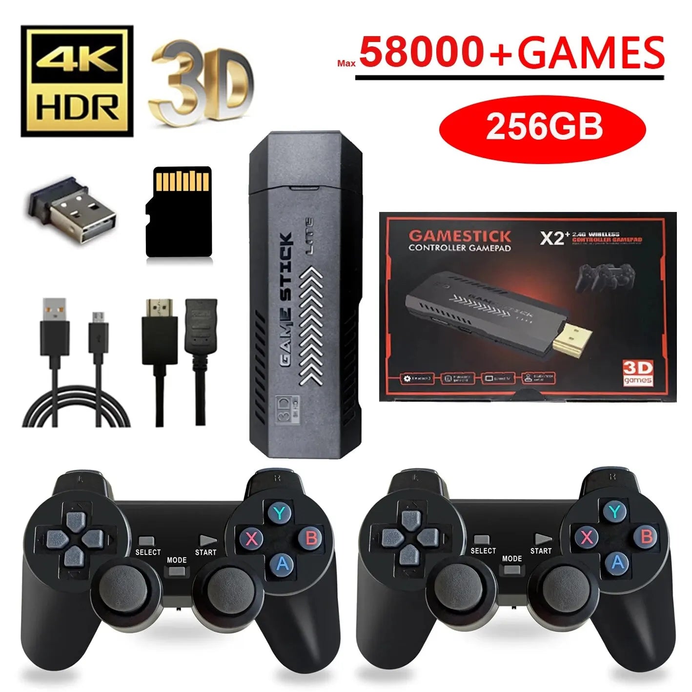 Storazone X2 Plus 256G 50000 Game GD10 Pro 4K Game Stick 3D HD Retro Video Game Console Wireless Controller TV 50 Emulator For PS1/N64/DC