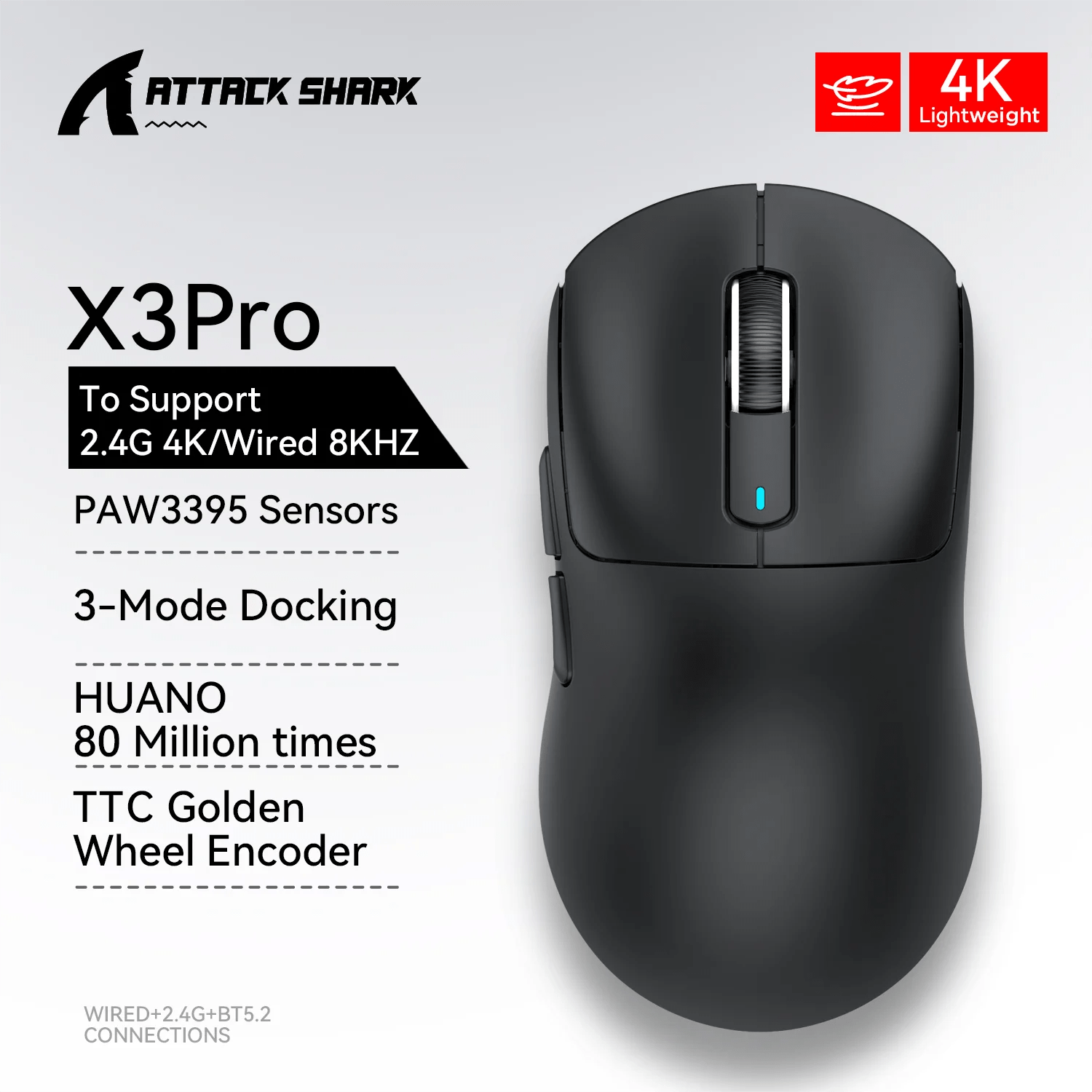 Storazone X3Pro Black-4K Attack Shark X3 Bluetooth Mouse , 49g Lightweight , PixArt PAW3395, Tri-Mode Connection, 26000dpi, 650IPS, Macro Gaming Mouse