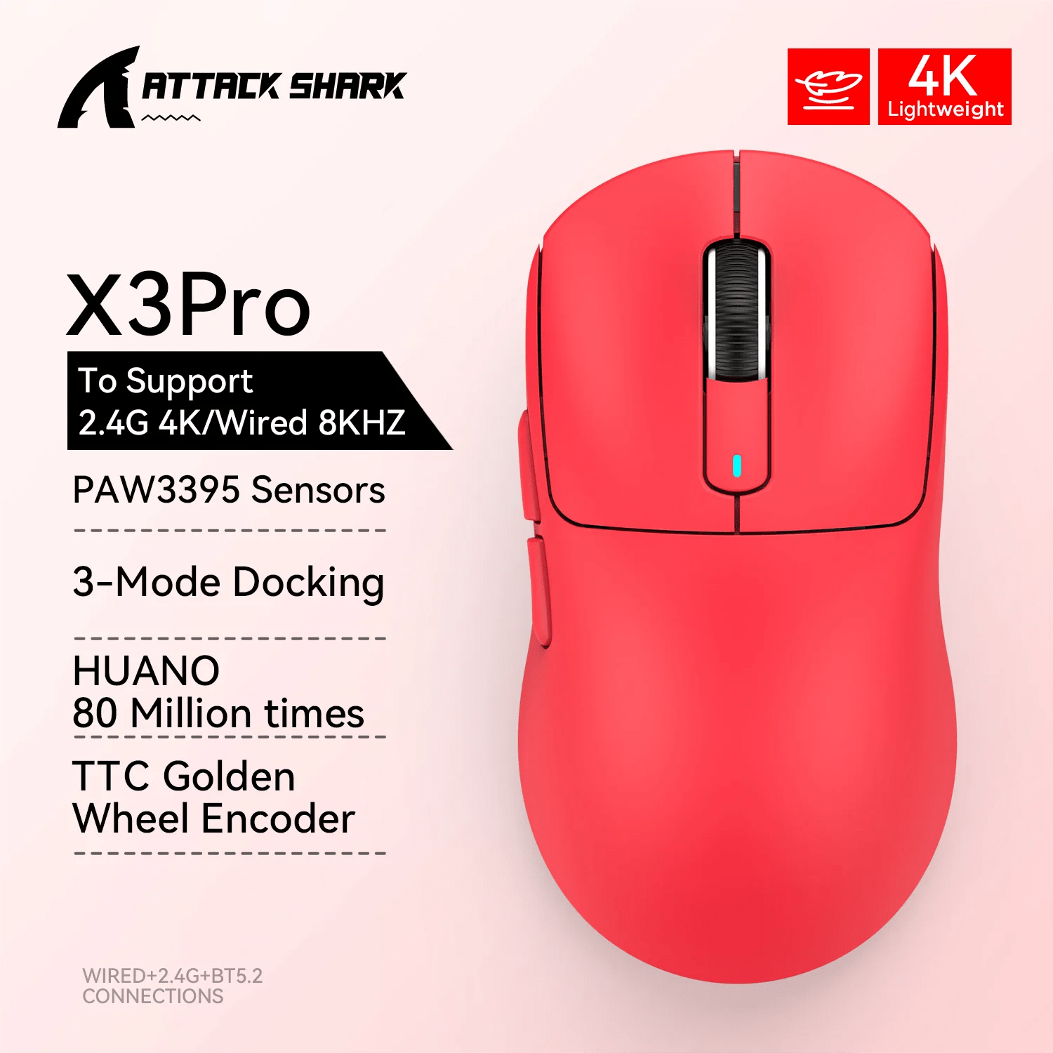 Storazone X3Pro Red-4K X3 PixArt PAW3395 Bluetooth Mouse 2.4G Tri-Mode Connection, 26000dpi, 650IPS, 49g Lightweight Macro Gaming Mouse