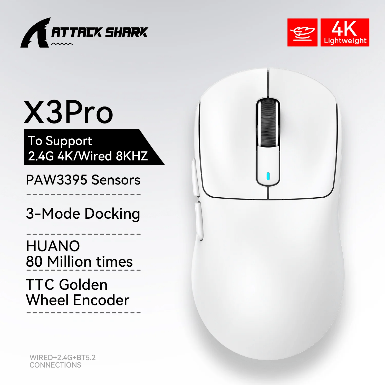 Storazone X3Pro White-4K X3 PixArt PAW3395 Bluetooth Mouse 2.4G Tri-Mode Connection, 26000dpi, 650IPS, 49g Lightweight Macro Gaming Mouse