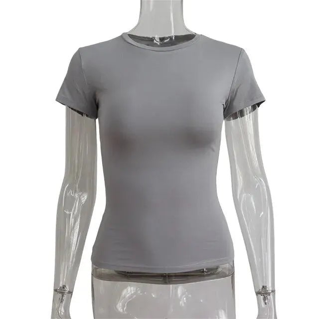 Storazone XS / gray Women Casual Short Sleeve T-Shirts Spring Autumn Solid Slim Fit Pullovers Tees Shirts Female Streetwear Base Tees Lady Tops
