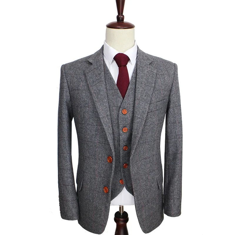 Storazone XXL Wool Retro Grey Herringbone Tweed British style custom made Mens suit tailor slim fit Blazer wedding suits for men 3 piece