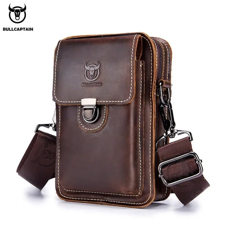 Storazone YB075 brown / CHINA BULLCAPTAIN Crazy Horse Leather Male Waist Pack Phone Pouch Bags Waist Bag Men's Small Chest Shoulder Belt Bag Back Pack YB075