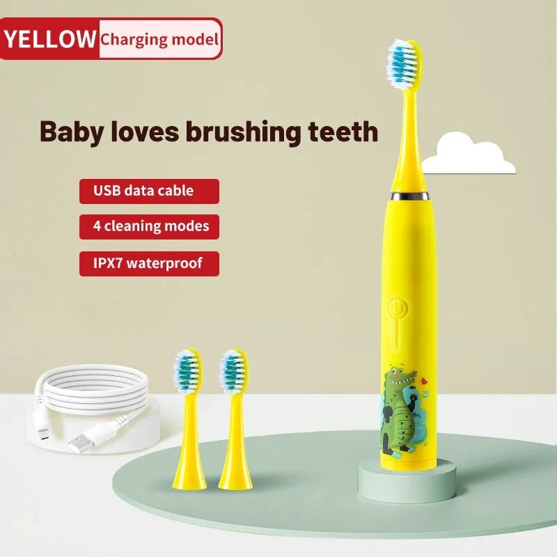 Storazone Yellow 3 Head Children's Electric Toothbrush Colorful Cartoon With Replacement Heads Ultrasonic Rechargeable Soft Hair Cleaning Brush for Kids