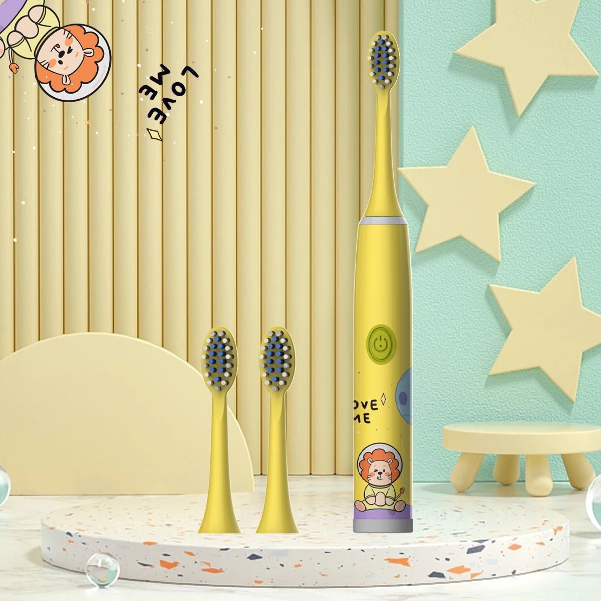 Storazone Yellow-3PCS Children's electric toothbrush color cartoon ultrasonic children's soft hair cleaning brush (without batteries)