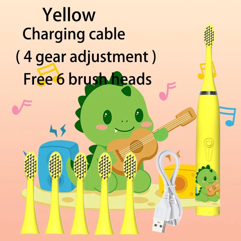 Storazone Yellow 6 Head Children Sonic Electric Toothbrush Colorful Cartoon For Kids Rechargeable Soft Fur Automatic Waterproof With Replacement Head