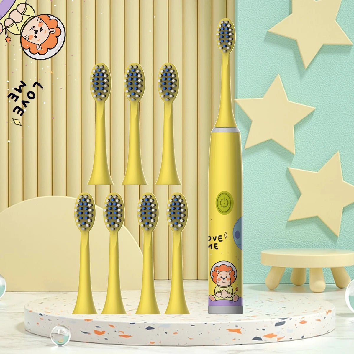 Storazone Yellow-8PCS Children's electric toothbrush color cartoon ultrasonic children's soft hair cleaning brush (without batteries)