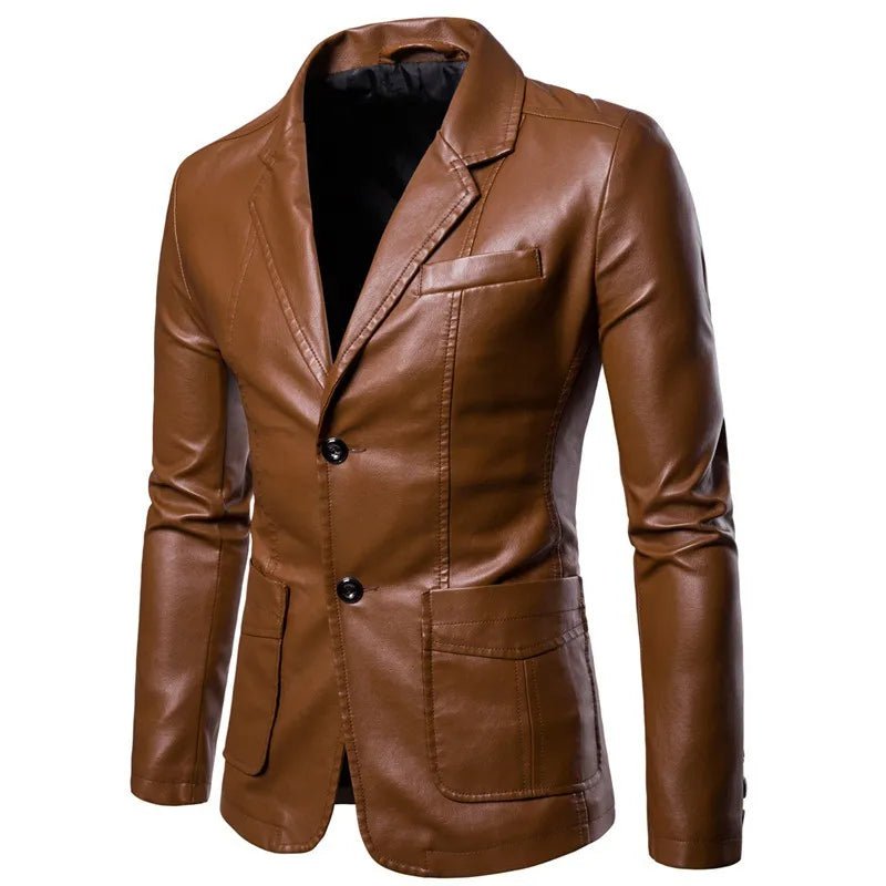 Storazone Yellow / Asian M 2023 Spring Autumn Fashion New Men's Lapel Leather Dress Suit Coat / Male Business Casual Pu Blazers Jacket