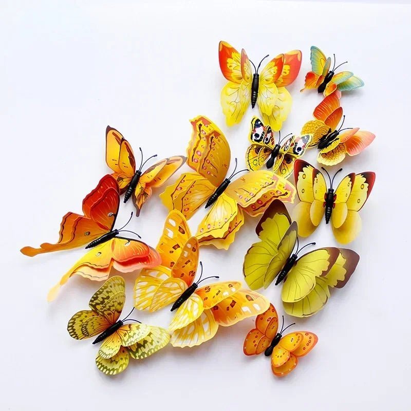 Storazone Yellow - Magnet 12pcs 3D Double Layer Butterflies Wall Stickers Living Room Decor Wedding Kids  Decoration DIY  Art Magnet