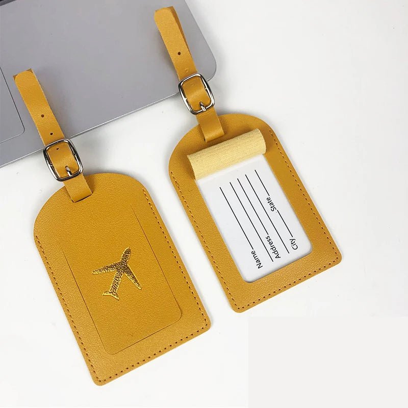 Storazone Yellow Portable 1PC PU Leather Luggage Tag Suitcase Identifier Label Baggage Boarding Bag Tag Name ID Address Holder Travel Accessories