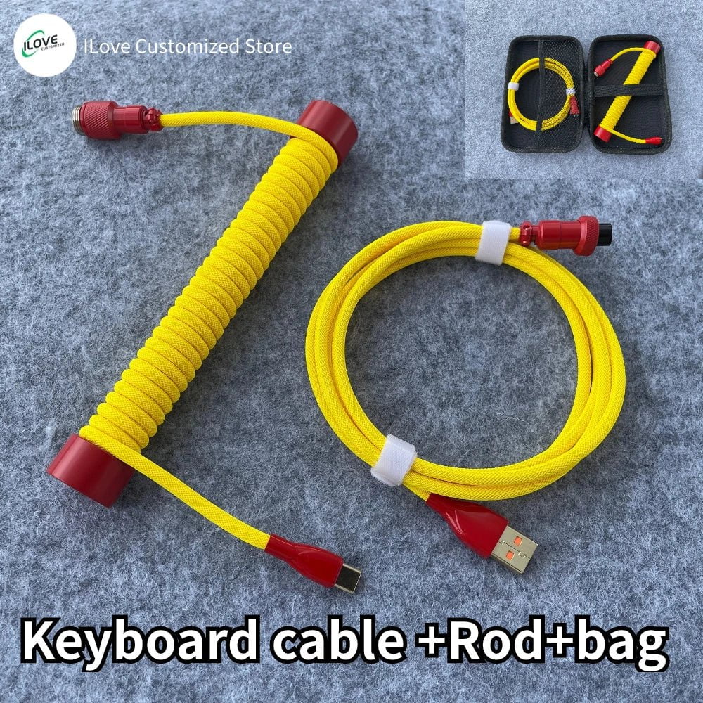 Storazone yellow red / 1.8m Coiled Keyboard Cable USB C for Mechanical Gaming Keyboard Double-Sleeved Wire with Detachable Metal Aviator Connector Charging