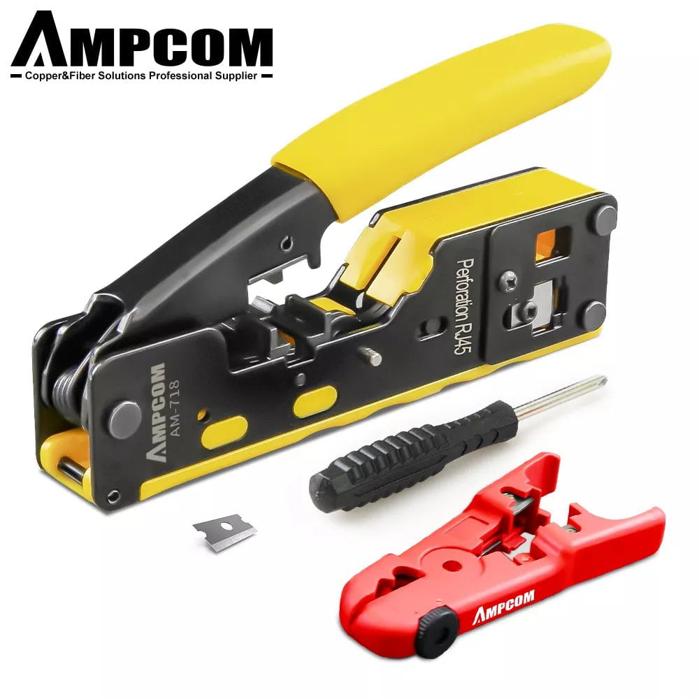 Storazone Yellow Set 1 AMPCOM RJ45 RJ11 Pass Through Crimping Tool for Cat7/6A Cat6/5 Ethernet Modular Plugs Connectors With Stripper and Spare Blade