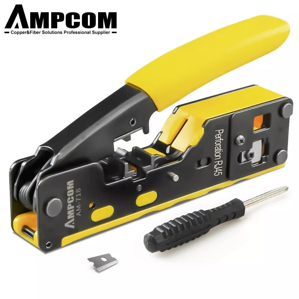 Storazone Yellow Set 2 AMPCOM RJ45 RJ11 Pass Through Crimping Tool for Cat7/6A Cat6/5 Ethernet Modular Plugs Connectors With Stripper and Spare Blade