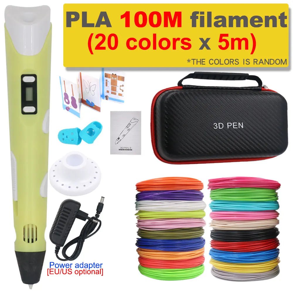 Storazone Yellow with 100M PLA / us 3D Pen 3D Printing Pen DIY Drawing Pen 200M PLA Filament Kids Birthday Kids Christmas Gift with Power Adapter Travel Storage Box