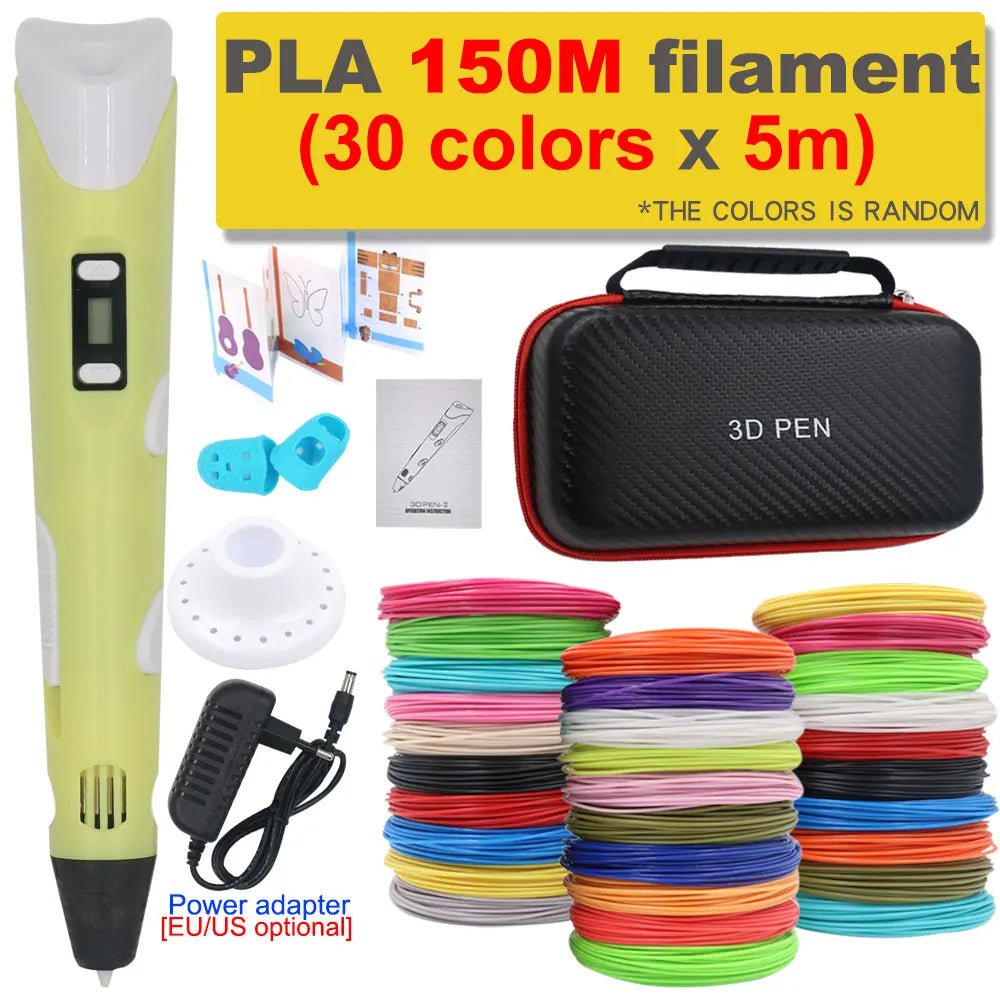 Storazone Yellow with 150M PLA / us 3D Pen 3D Printing Pen DIY Drawing Pen 200M PLA Filament Kids Birthday Kids Christmas Gift with Power Adapter Travel Storage Box