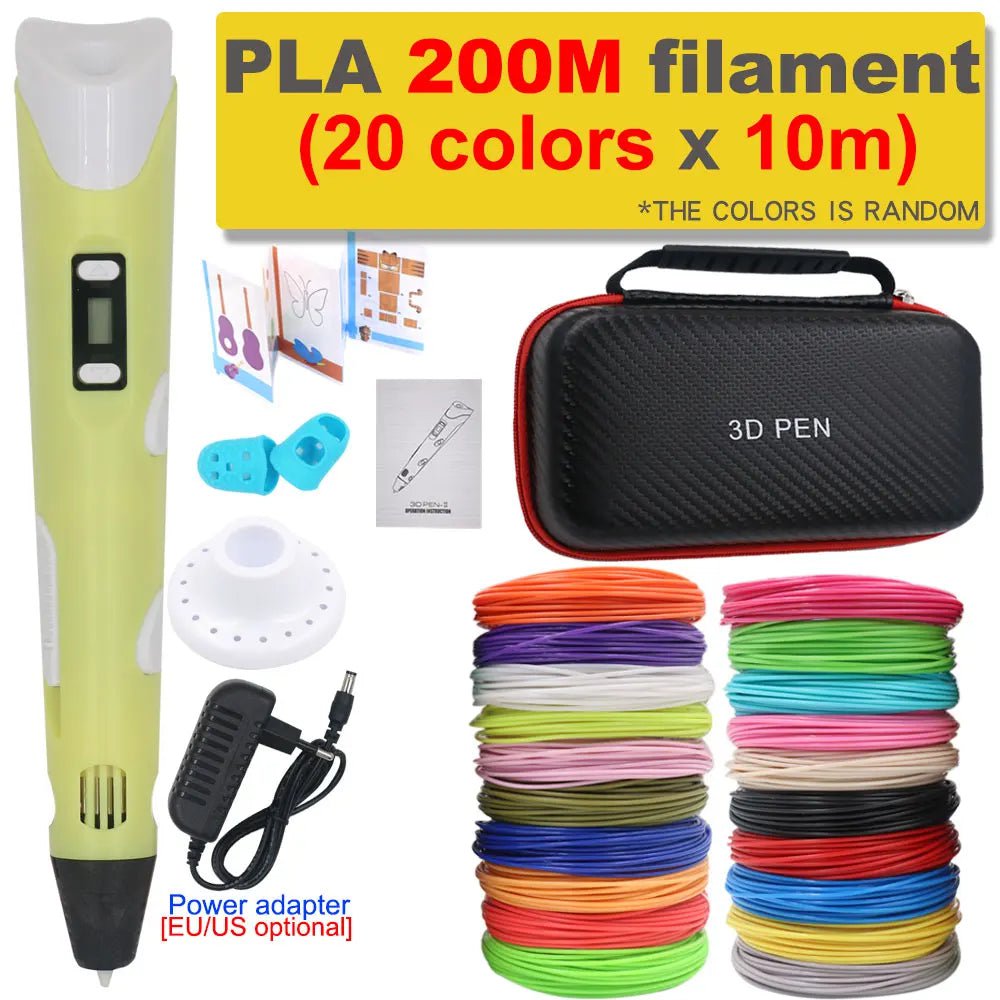 Storazone Yellow with 200M PLA / us 3D Pen 3D Printing Pen DIY Drawing Pen 200M PLA Filament Kids Birthday Kids Christmas Gift with Power Adapter Travel Storage Box