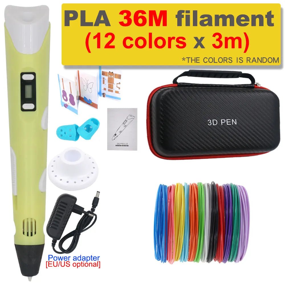 Storazone Yellow with 36M PLA / us 3D Pen 3D Printing Pen DIY Drawing Pen 200M PLA Filament Kids Birthday Kids Christmas Gift with Power Adapter Travel Storage Box