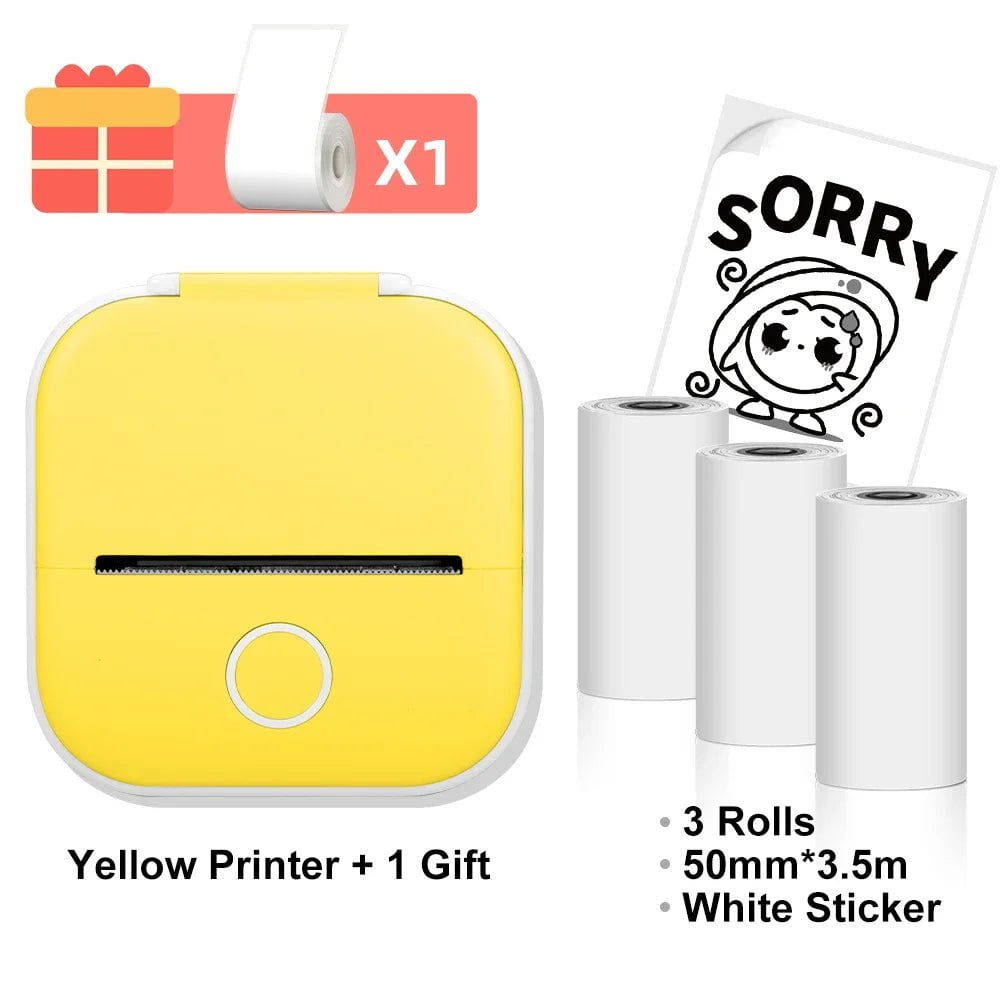 Storazone Yellow with 3rolls / CN T02 Mini Thermal Printer Phomemo T02 Sticker Maker Machine Portable Bluetooth Pocket Printer Study Supplies for Photos Notes