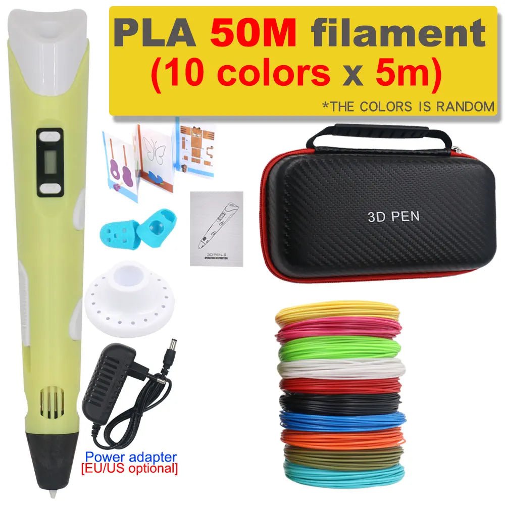 Storazone Yellow with 50M PLA / us 3D Pen 3D Printing Pen DIY Drawing Pen 200M PLA Filament Kids Birthday Kids Christmas Gift with Power Adapter Travel Storage Box