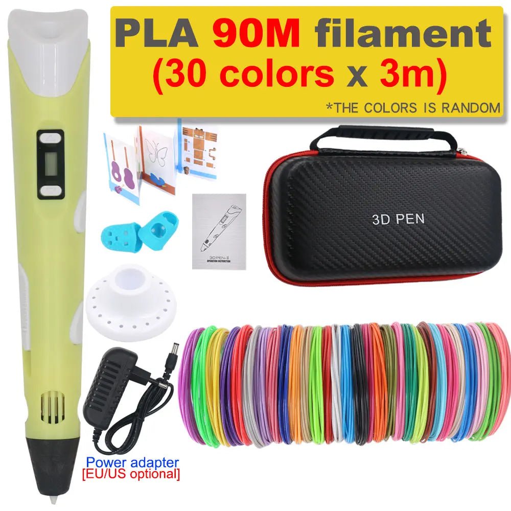 Storazone Yellow with 90M PLA / us 3D Pen 3D Printing Pen DIY Drawing Pen 200M PLA Filament Kids Birthday Kids Christmas Gift with Power Adapter Travel Storage Box