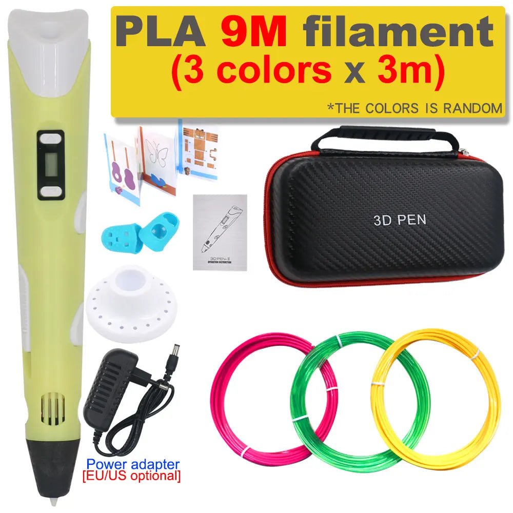 Storazone Yellow with 9M PLA / us 3D Pen 3D Printing Pen DIY Drawing Pen 200M PLA Filament Kids Birthday Kids Christmas Gift with Power Adapter Travel Storage Box