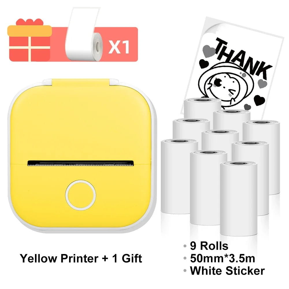 Storazone Yellow with 9rolls / CN T02 Mini Thermal Printer Phomemo T02 Sticker Maker Machine Portable Bluetooth Pocket Printer Study Supplies for Photos Notes