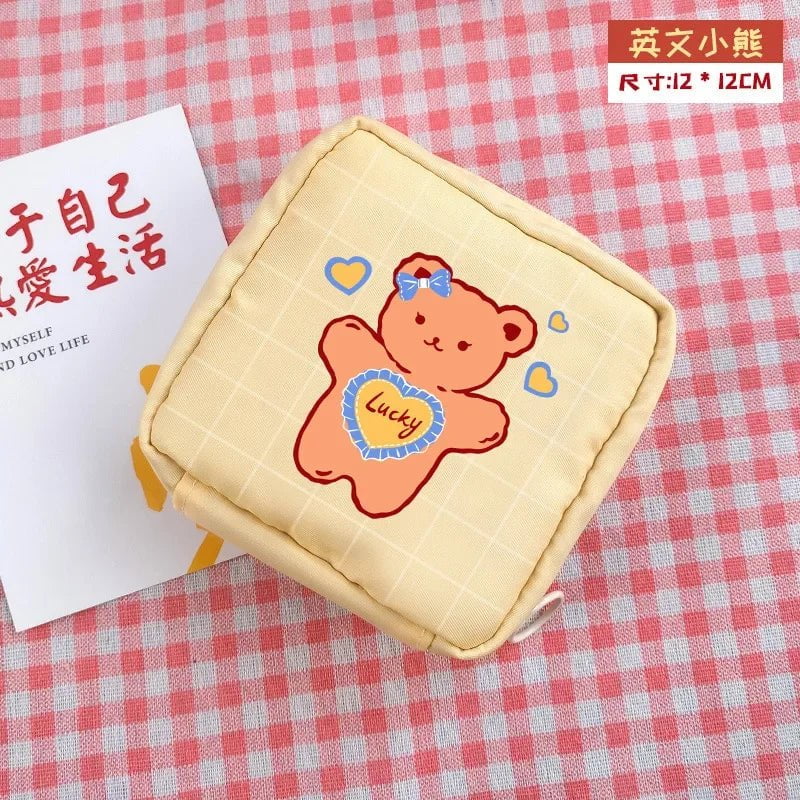 Storazone yellow Women Girls Kawaii Cosmetic Makeup Tampon Bear Napkin Pouch Storage Bag Coin Purse Sanitary Pads Bag Mini Data Cables Organizer