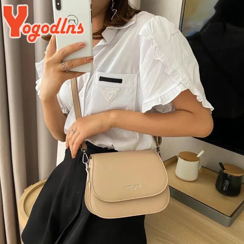 Storazone Yogodlns Trendy Saddle Shoulder Bag Women PU Leather Crossbody Bag Simple Solid Color Flap Messenger Bag Designer Handbags Pouch