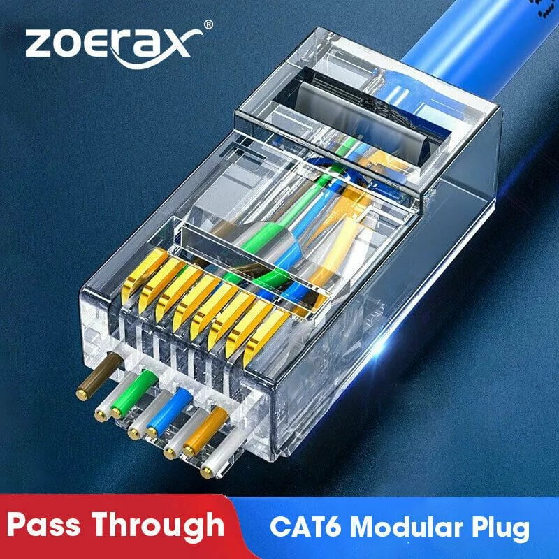 Storazone ZoeRax CAT6a Cat6 CAT5e Pass Through RJ45 Modular Plug Network Connectors UTP 30μ Gold-Plated 1.2mm Hole End for Ethernet Cable