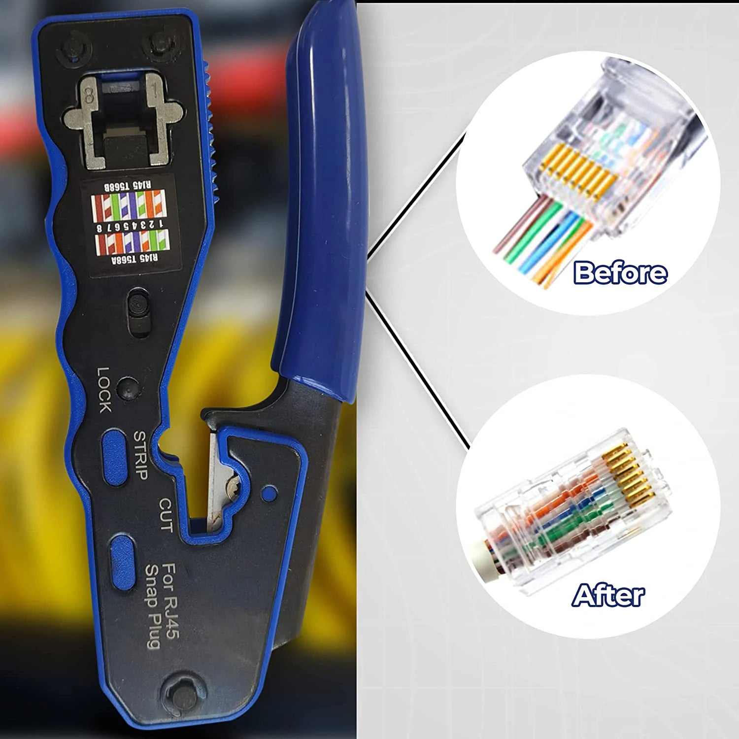 Storazone ZoeRax RJ45 Crimp Tool Pass Through Crimper Cutter for Cat6a Cat6 Cat5 Cat5e 8P8C Modular Connector Ethernet Crimp Tool