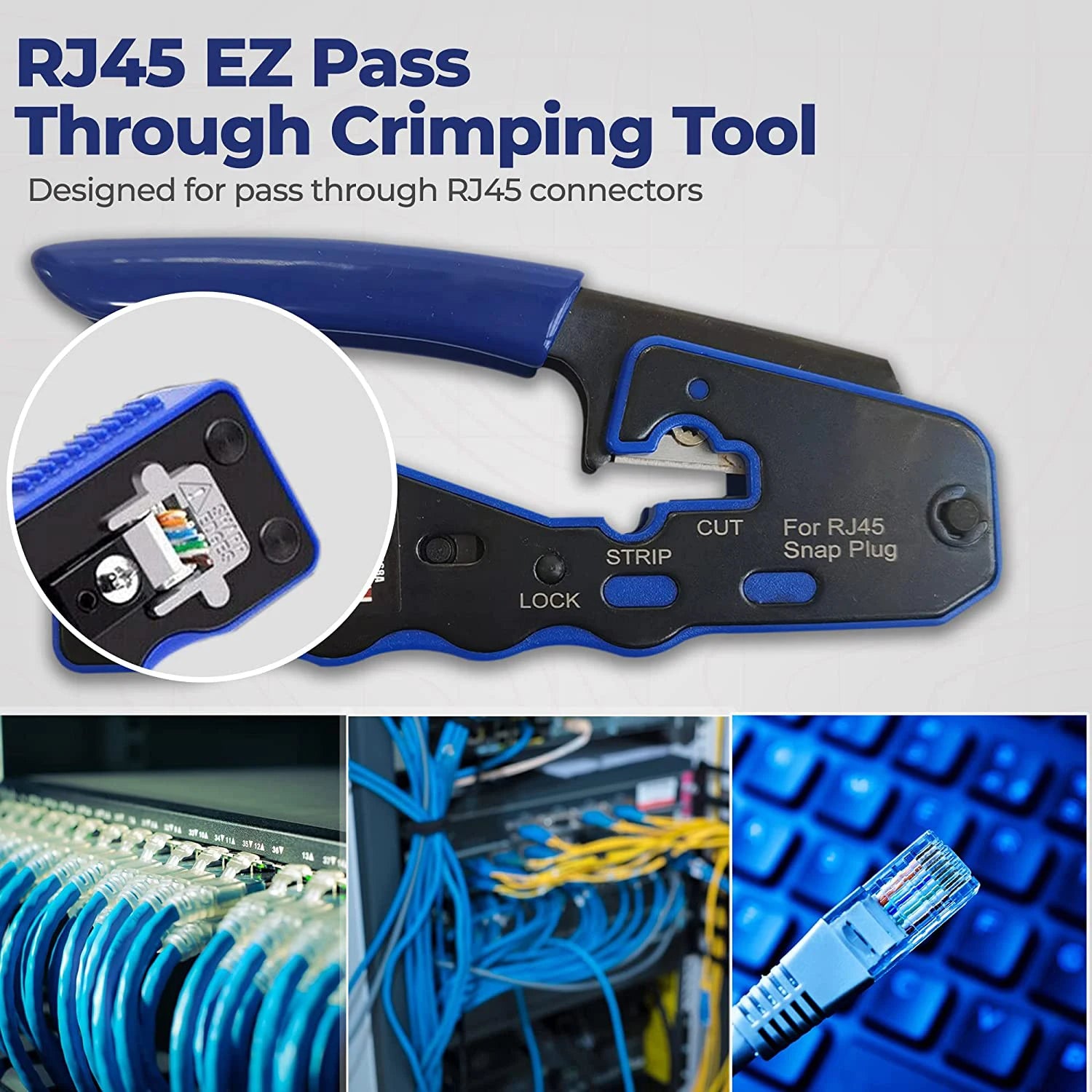 Storazone ZoeRax RJ45 Crimp Tool Pass Through Crimper Cutter for Cat6a Cat6 Cat5 Cat5e 8P8C Modular Connector Ethernet Crimp Tool