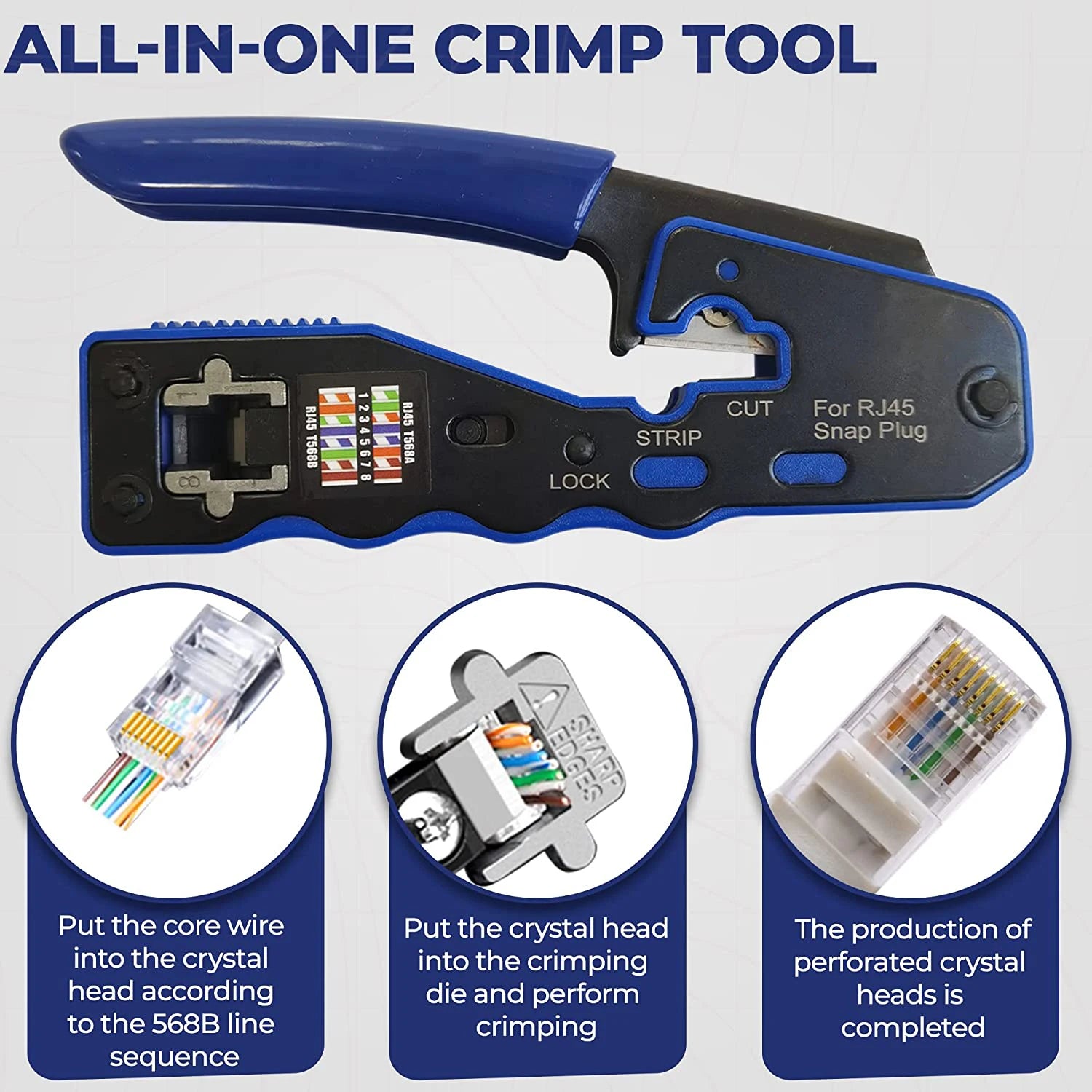 Storazone ZoeRax RJ45 Crimp Tool Pass Through Crimper Cutter for Cat6a Cat6 Cat5 Cat5e 8P8C Modular Connector Ethernet Crimp Tool