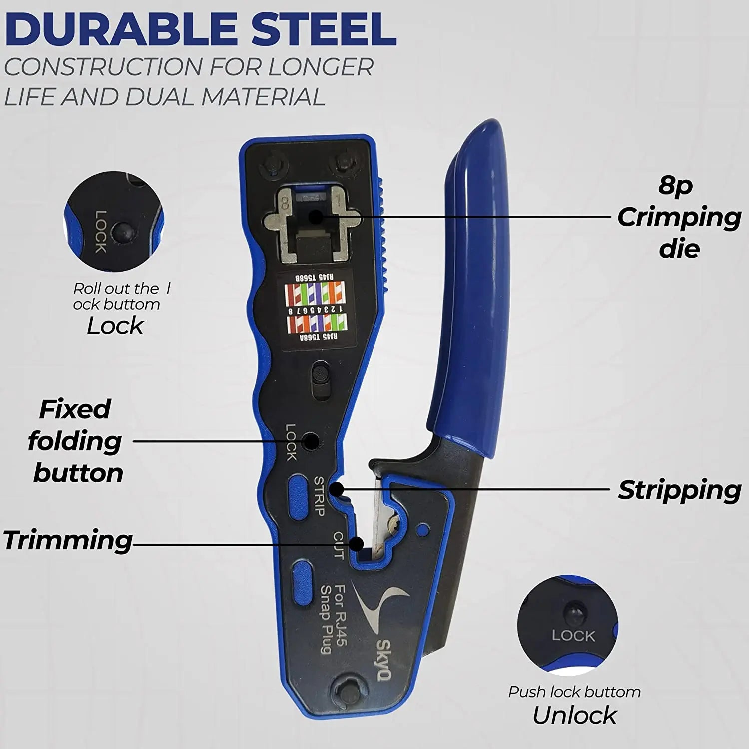 Storazone ZoeRax RJ45 Crimp Tool Pass Through Crimper Cutter for Cat6a Cat6 Cat5 Cat5e 8P8C Modular Connector Ethernet Crimp Tool