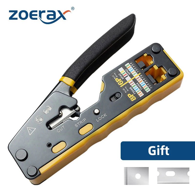 Storazone ZoeRax Rj45 Pass Through Crimp Tool Cat6 Cat6A Cat5 Cat5e Crimping Tool with 8P/6P Pass Through Ethernet Crimper